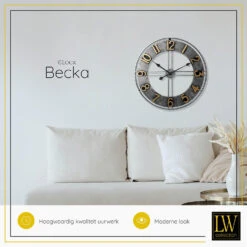 LW Collection Wandklok Becka Grijs Goud 60cm -Woonmeubelwinkel 1000064291 0103