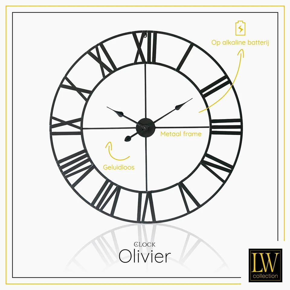 LW Collection Wandklok XL Olivier Zwart 80cm 2 LW Collection Wandklok XL Olivier Zwart 80cm - Afbeelding 2