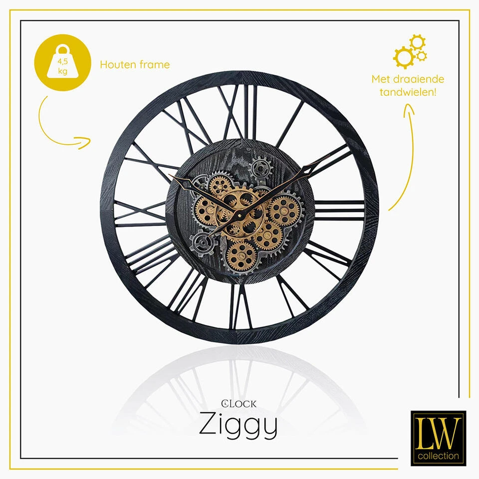 LW Collection Wandklok Radar Ziggy Zwart 60cm Bewegende Tandwielen 2 LW Collection Wandklok Radar Ziggy Zwart 60cm Bewegende Tandwielen - Afbeelding 2