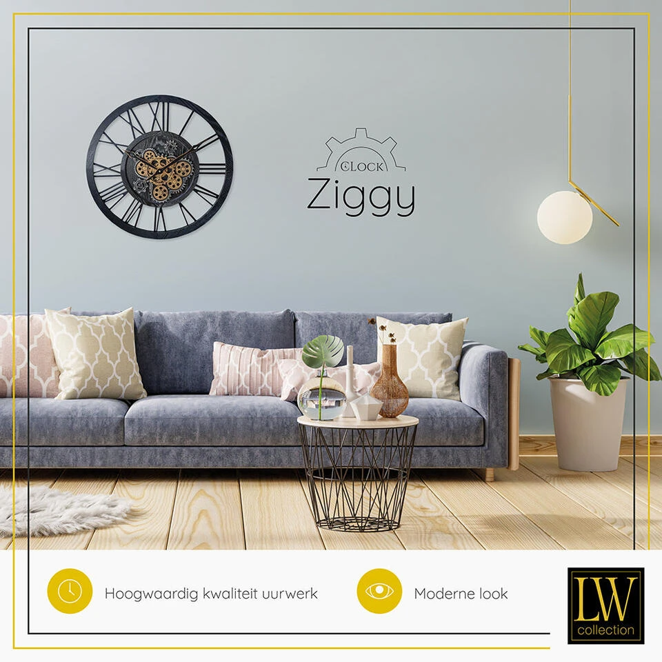 LW Collection Wandklok Radar Ziggy Zwart 60cm Bewegende Tandwielen 4 LW Collection Wandklok Radar Ziggy Zwart 60cm Bewegende Tandwielen - Afbeelding 4